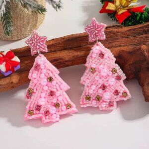 Glam Pink Christmas Tree Earrings with Rhinestones and Beads